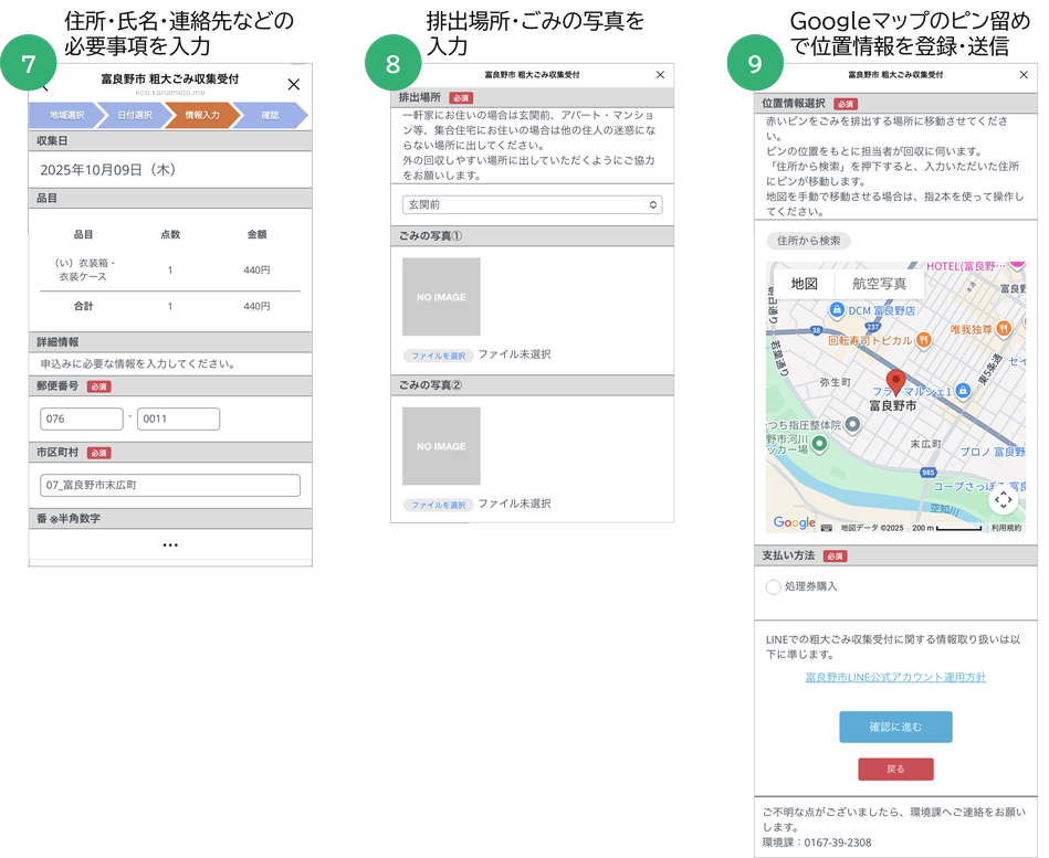 富良野市LINE公式アカウントから粗大ごみ収集を申し込む流れ（⑦住所・氏名・連絡先などの必要事項を入力／⑧排出場所・ごみの写真を入力／⑨Googleマップのピン留めで位置情報を登録・送信）